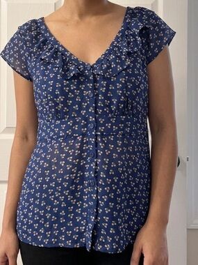 H&M Ruffle Feminine Navy Blue White Ditsy Flower Button Up Cinched Waist Blouse